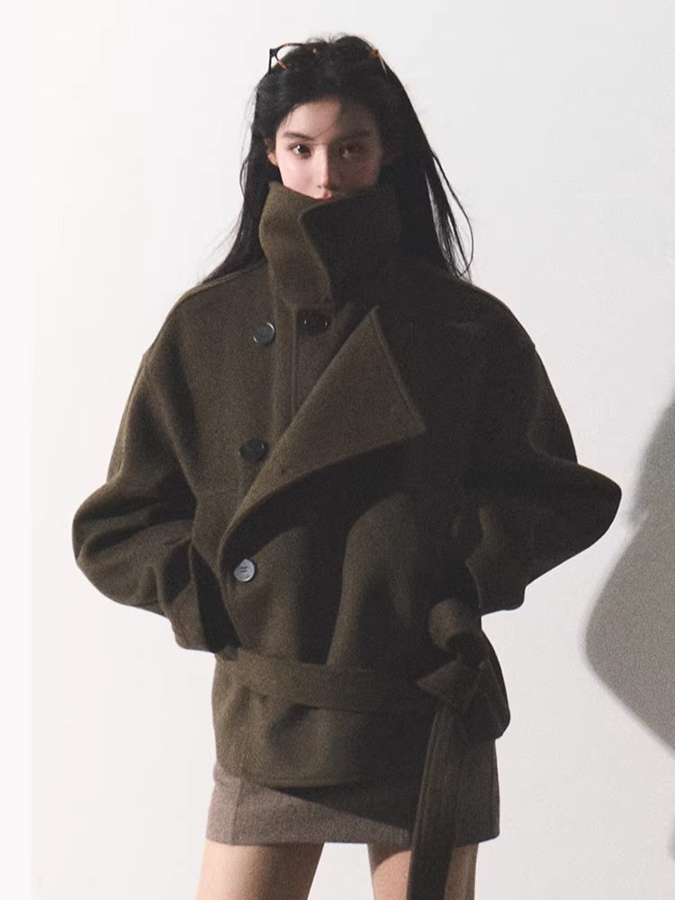 Waist-Defining Silhouette Stand-Collar Wool Coat