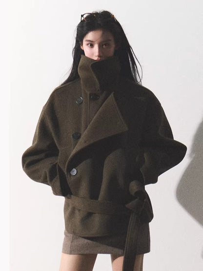 Waist-Defining Silhouette Stand-Collar Wool Coat