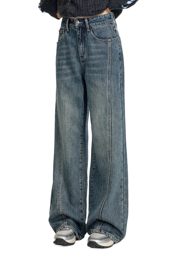 Heart-Patterned Fleece-Lined Wide-Leg Denim Pants