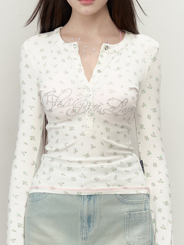 Studded Floral Fitted Long Sleeve T-shirt