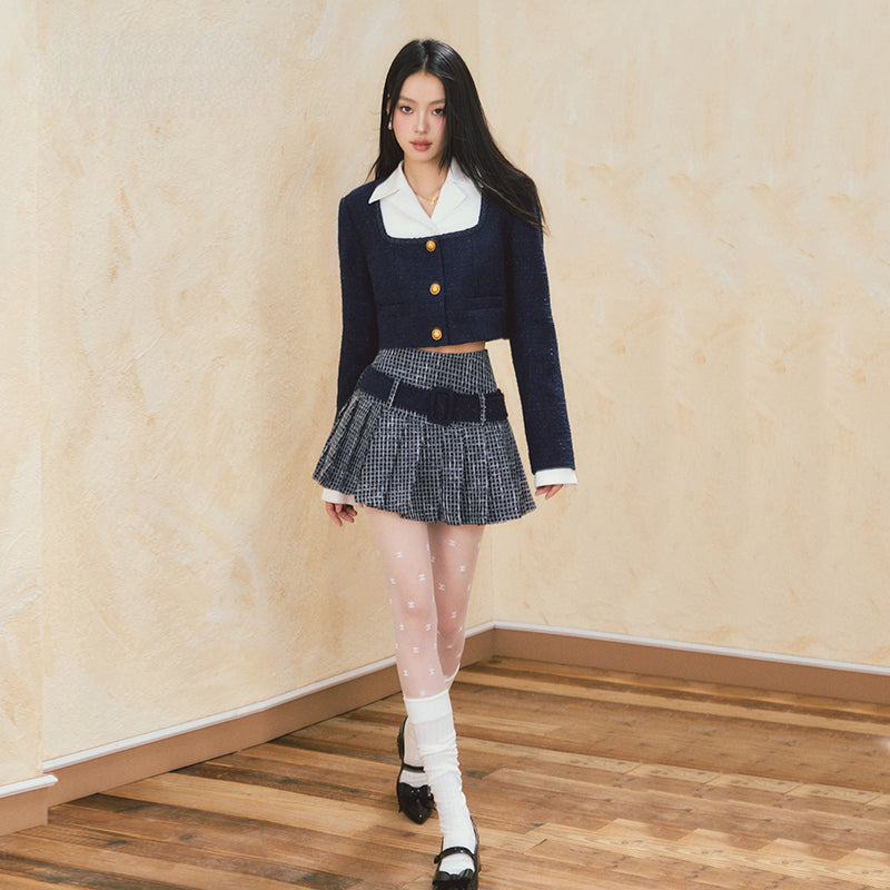Square Neck Spliced Jacket &amp; Short Skirt Set - CHINASQUAD
