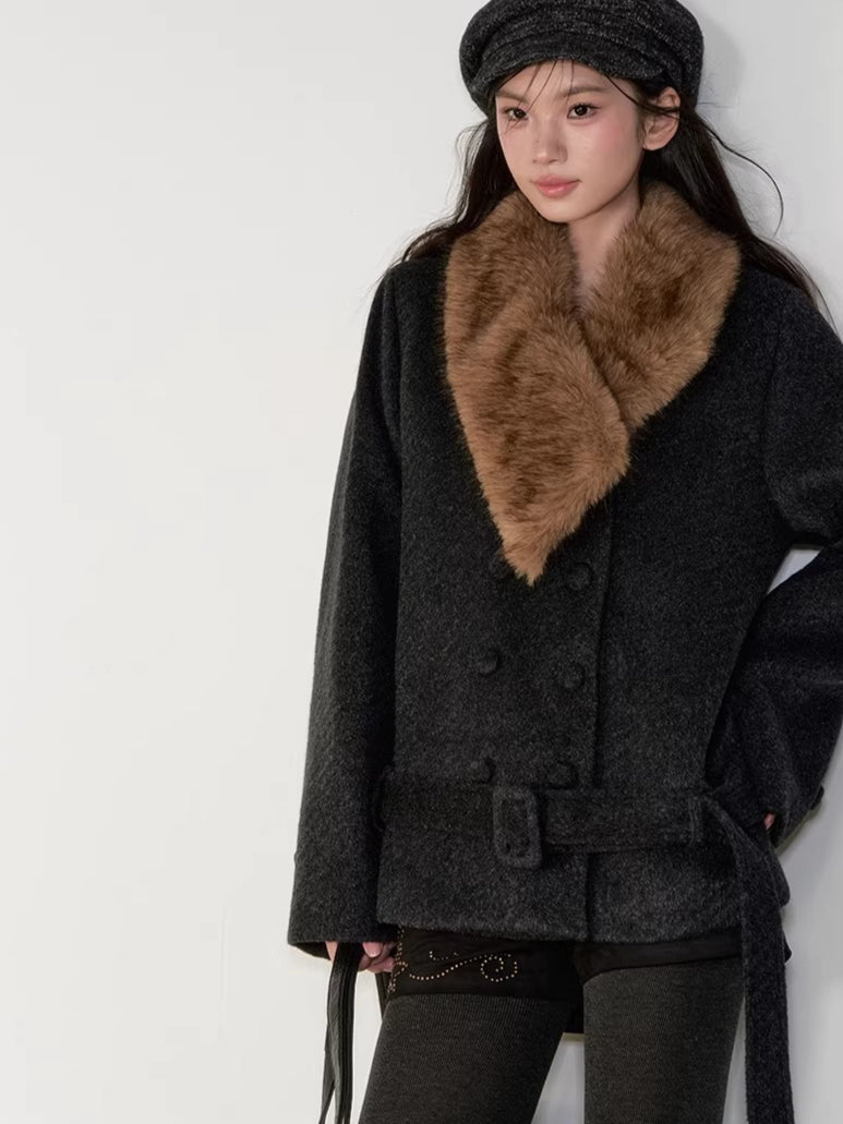 Fur-Collar Double-Breasted Wool Jacket