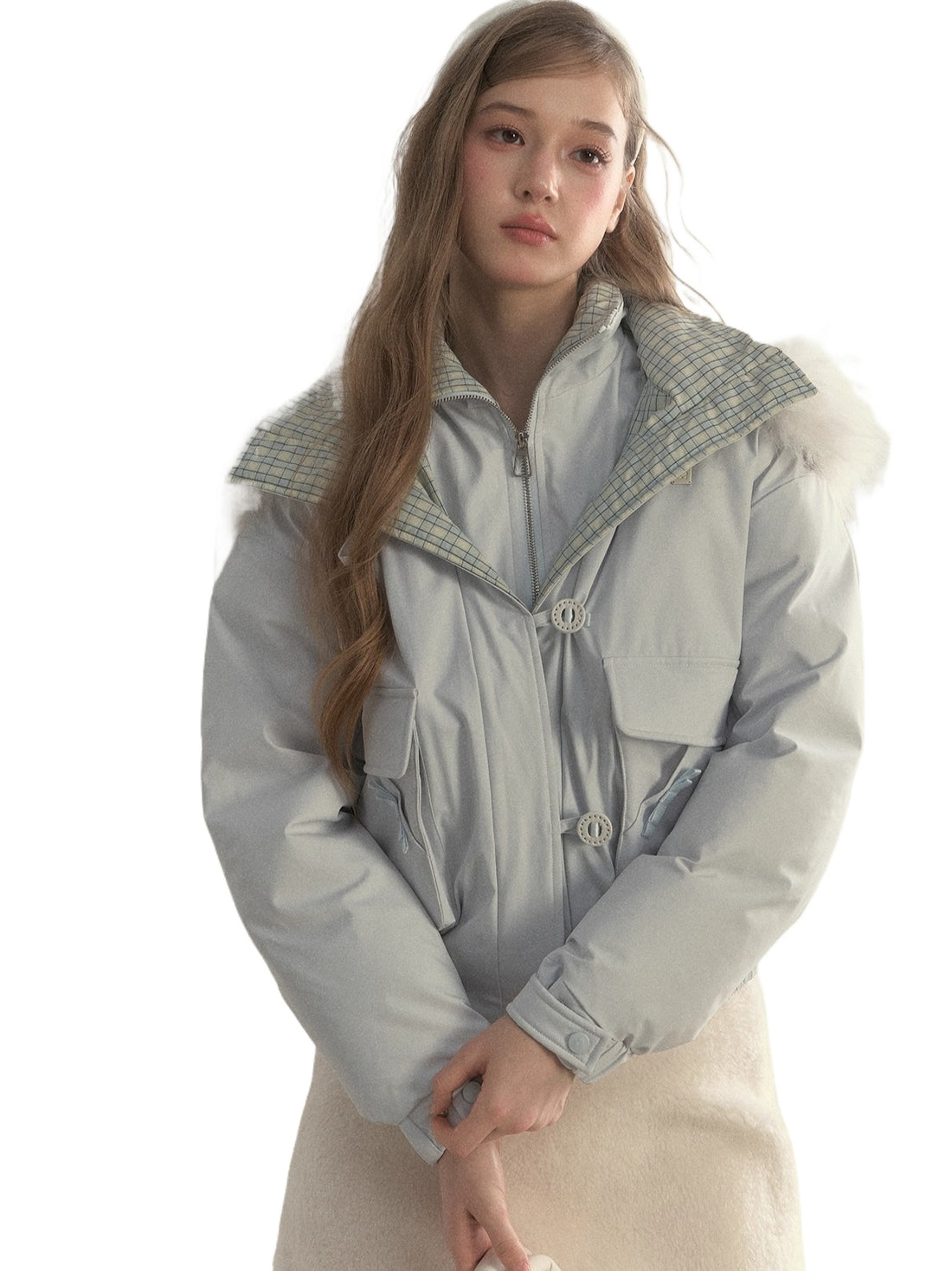 Glacier Blue &amp; Navy Plaid Panel Down Jacket