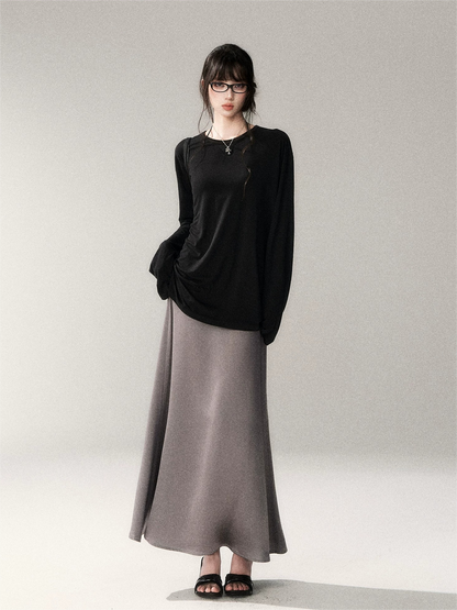 French Satin Acetate A-Line Midi Skirt