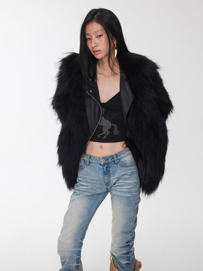 Raccoon Fur Oversized Lapel Woven Coat