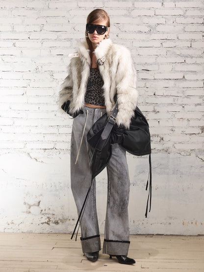 Metal-Buckle Stand Collar Faux Fur Coat