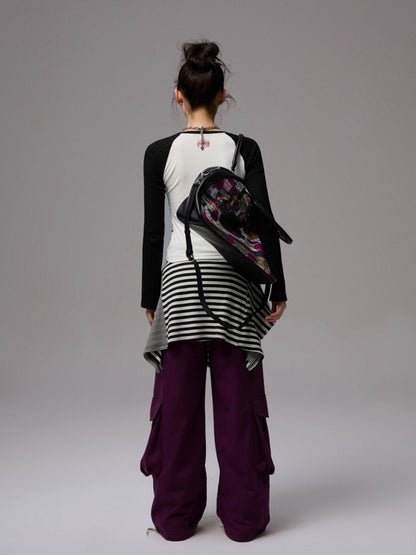 Cat Print Raglan Sleeve Color-Blocking T-Shirt