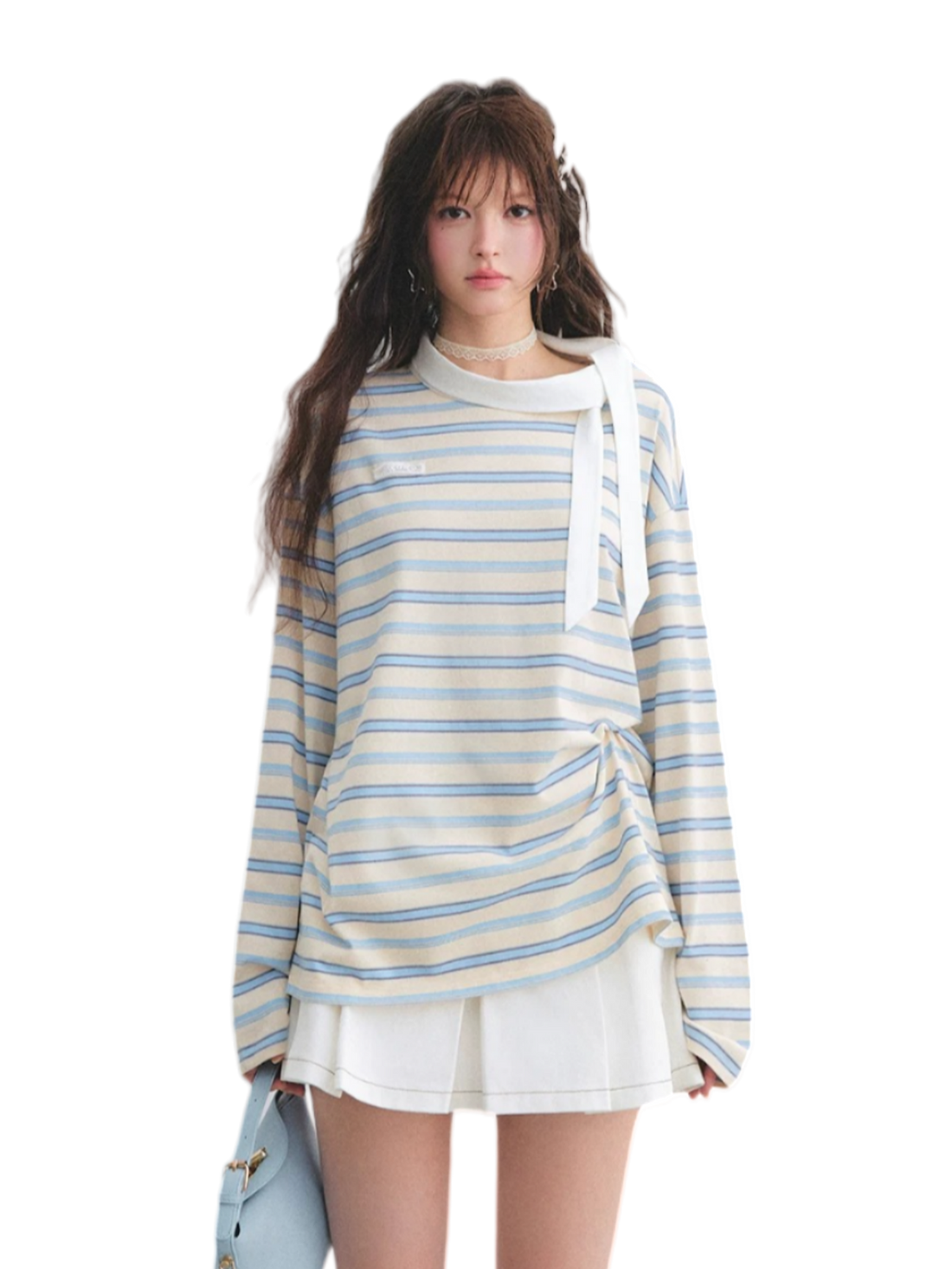 Contrast Tie Collar Striped Relaxed Long Sleeve T-Shirt