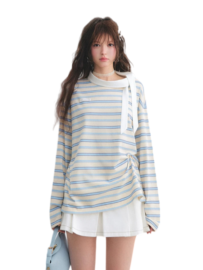 Contrast Tie Collar Striped Relaxed Long Sleeve T-Shirt