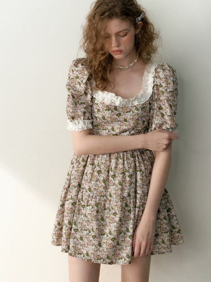 Brown Lace-Decorated Bubble Sleeve Floral Dress