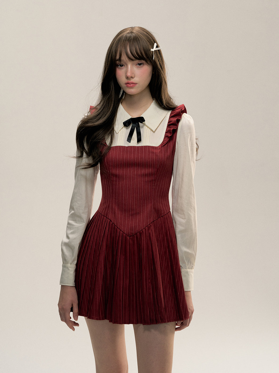 Red &amp; Grey Fitted Long-sleeve Shirt Collar Dress