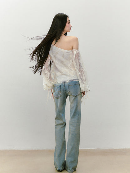 Irregular Slant Shoulder Lantern Sleeve T-shirt - CHINASQUAD