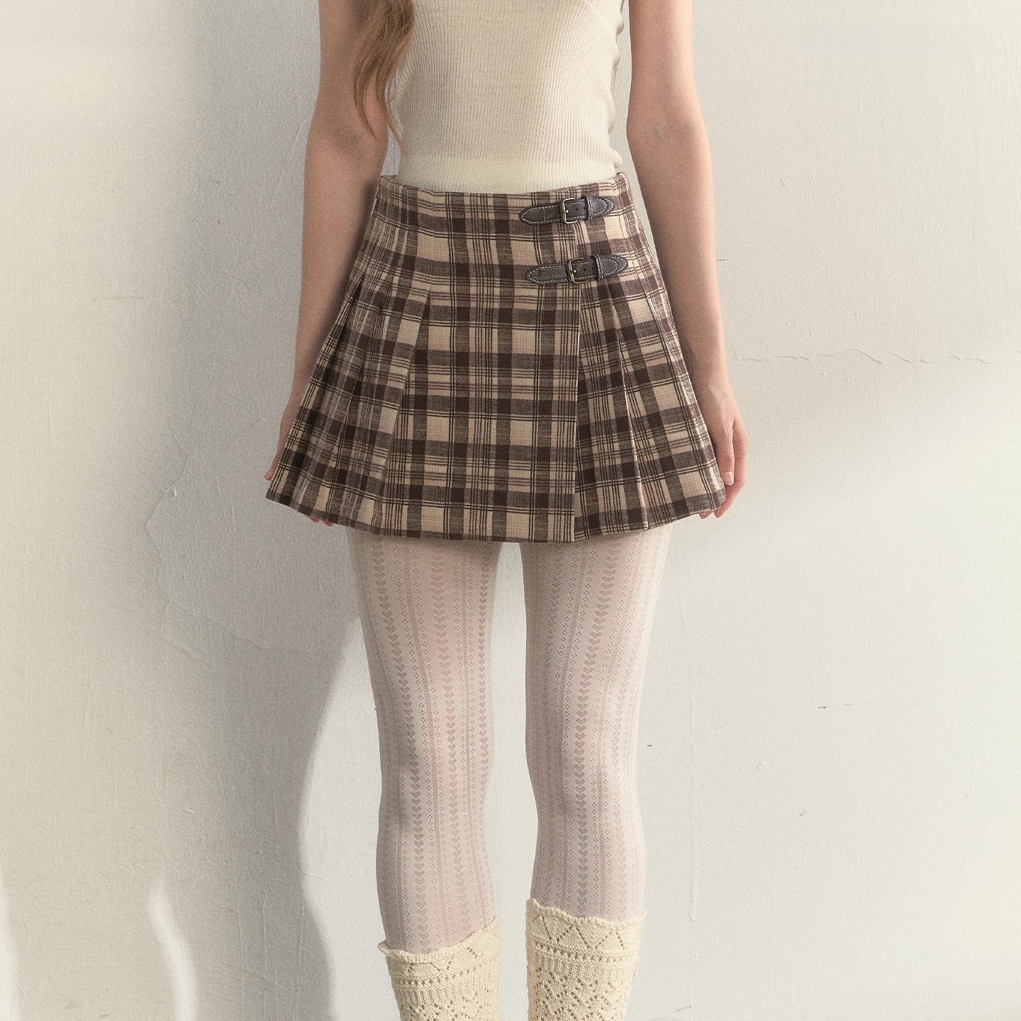 Vintage Plaid Wool Leather Buckle Pleated Skirt