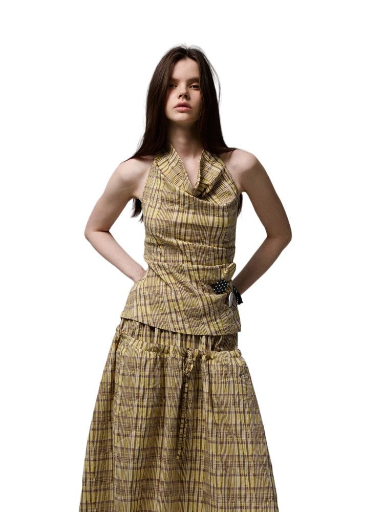 Plaid Halter Neck Backless Tank Top &amp; Midi Skirt Set - CHINASQUAD