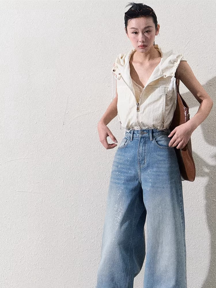 Cotton Silver-Splatter Wide-Leg Jeans