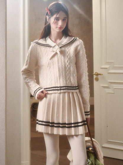 White Philosophy Wool Cloud Cable-Knit Cardigan &amp; Pleated Skirt Set