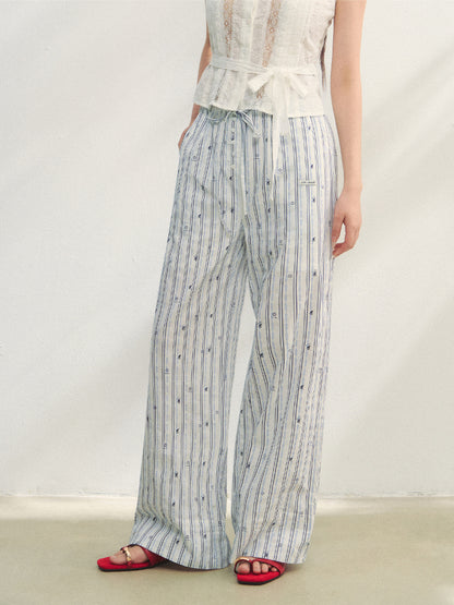Striped Print Patchwork Embroidery Lace Straight Pants - CHINASQUAD