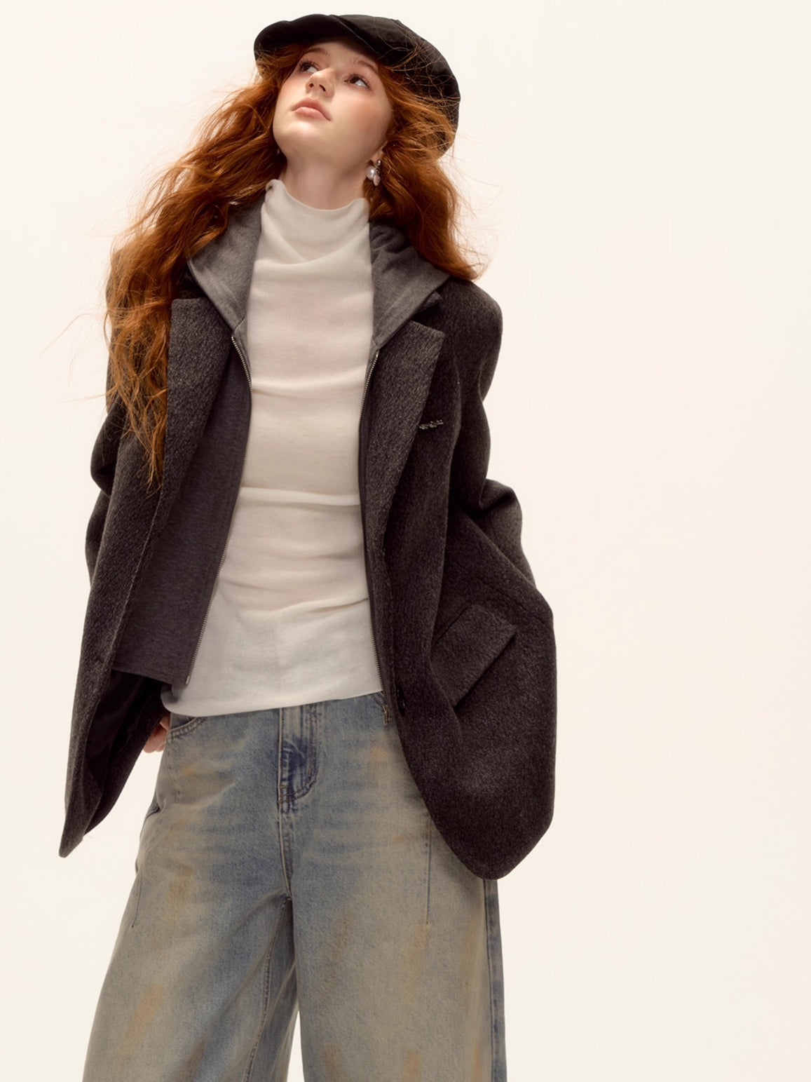 Grey Layered Wool-Blend Hoodie Blazer