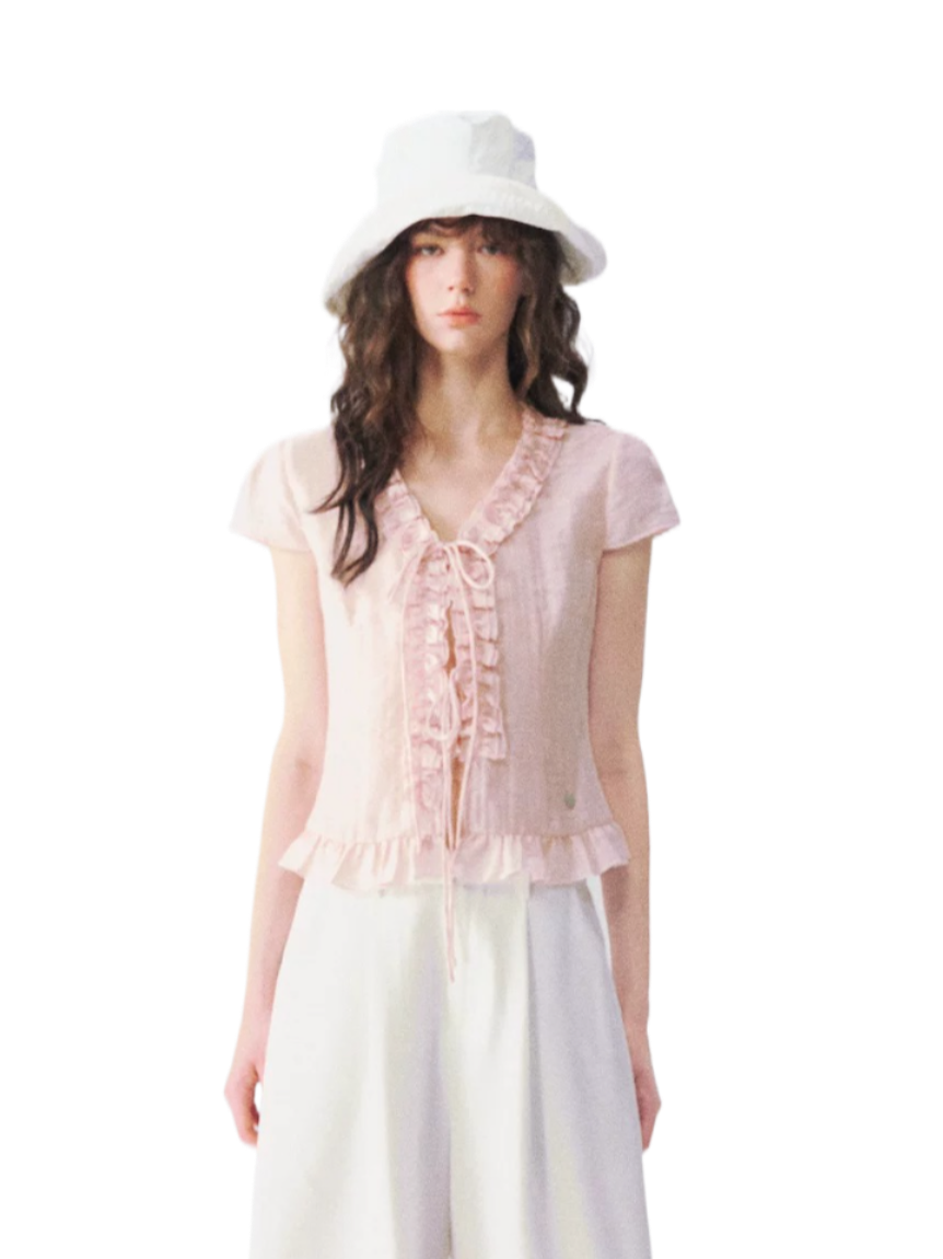 Soft Ruffle Trim V-Neck Cropped Blouse