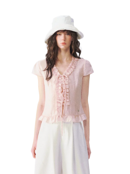 Soft Ruffle Trim V-Neck Cropped Blouse