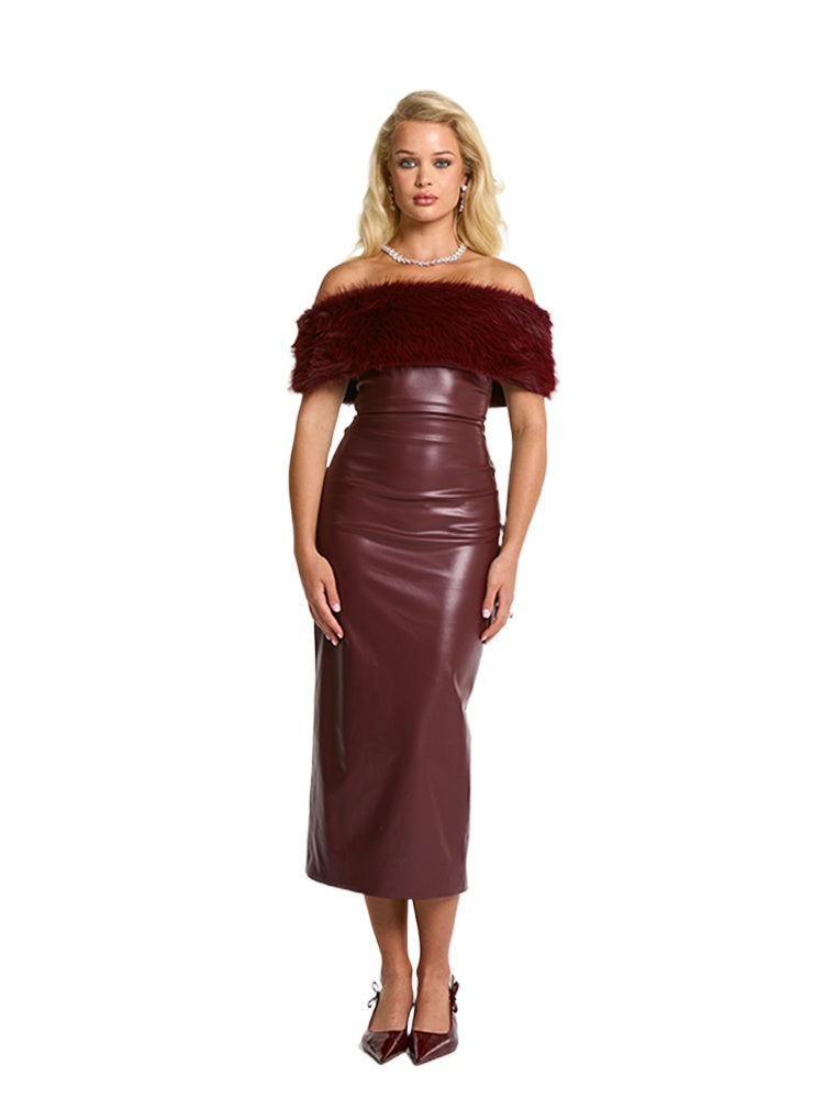 Detachable Fur Collar Off-Shoulder Belted Leather Dress