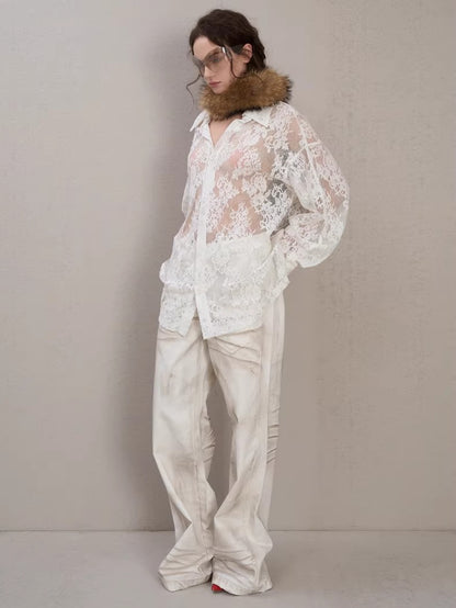 Side-Placket White Denim Jeans