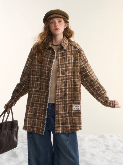 Oversized Lace-Trim Patchwork Plaid Shirt