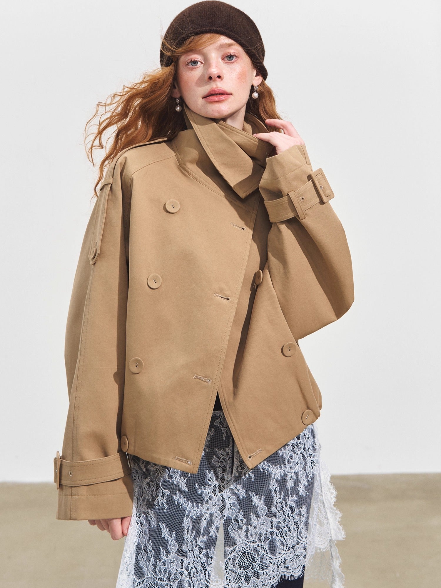 Stand Collar Double-Breasted Cropped Trench Coat