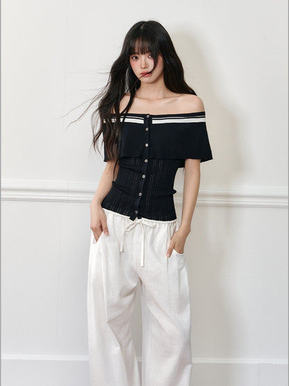 Color-block Off-shoulder Poncho-style Knit T-shirt - CHINASQUAD