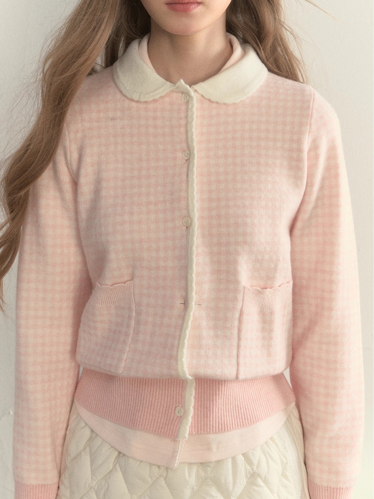 Sweet Pink Gingham Doll Collar Knit Cardigan