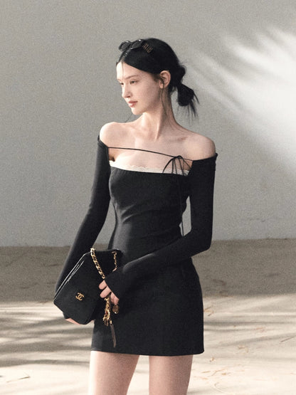 Slim-Fit Black Waist-Cinched Long-Sleeve Dress