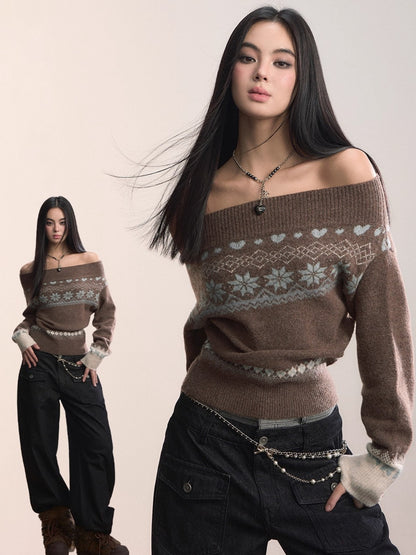 Fair Isle Off-Shoulder Wool Blend Knit Sweater