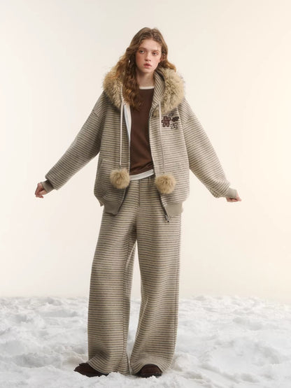 Plush Plaid Patchwork Jacket &amp; Straight-Leg Pants Set