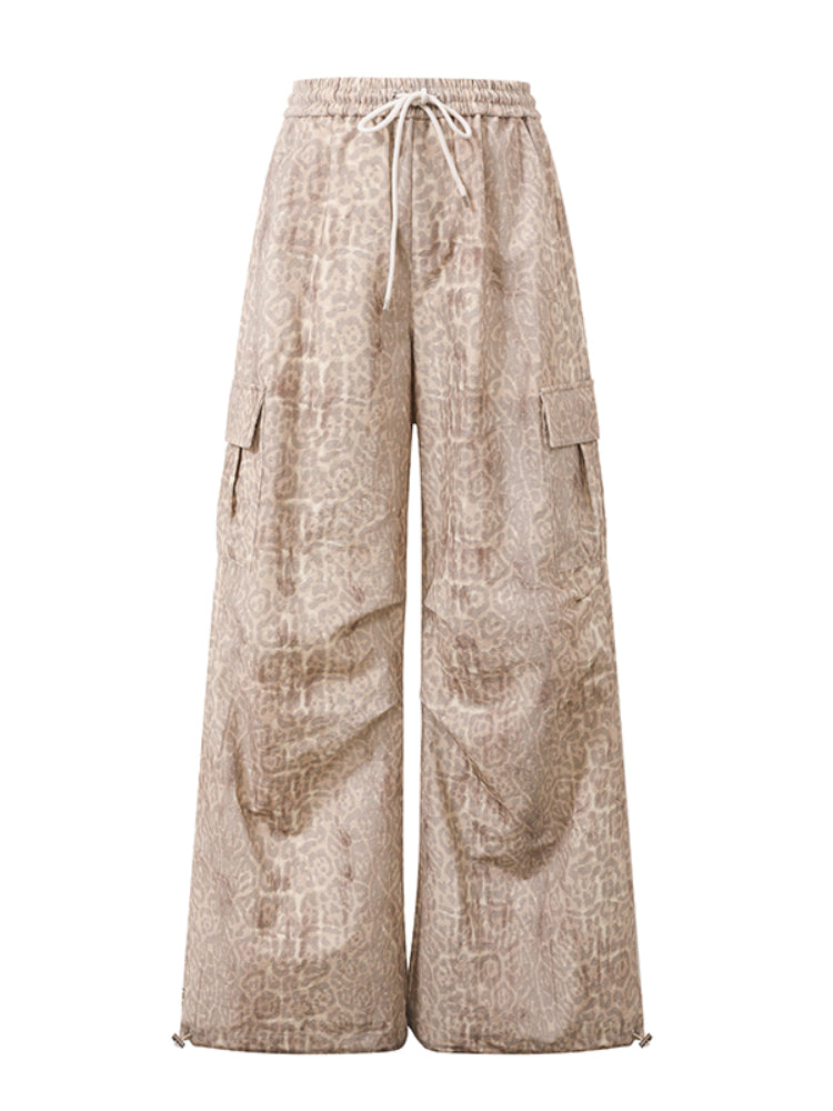 Leopard Print Cargo Drawstring Wide-Leg Pants