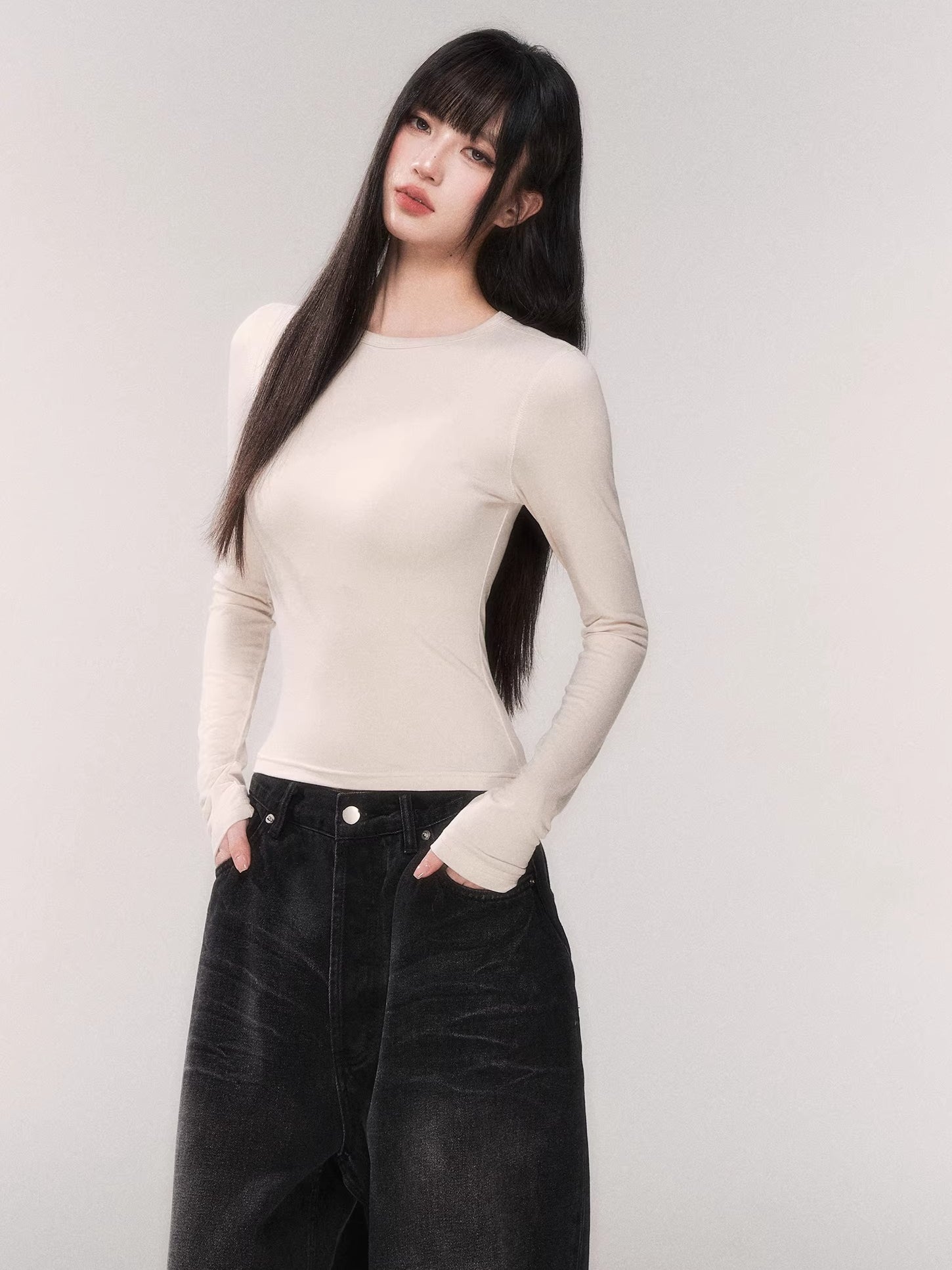 Waist-Cinching Long-Sleeve Crewneck Base Tee