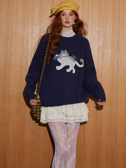 Cat Jacquard Embroidered Knit Sweater