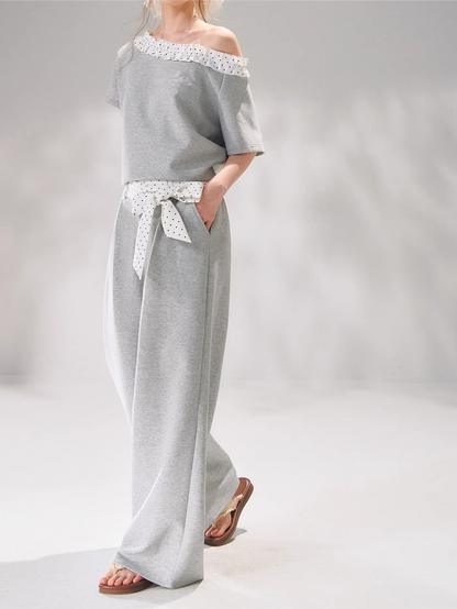 Polka Dot Ruffle Trim Off-Shoulder T-Shirt &amp; Tie-Waist Lounge Pants Set