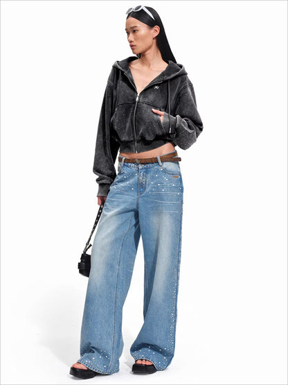 Embellished Washed Cotton Cropped Hoodie