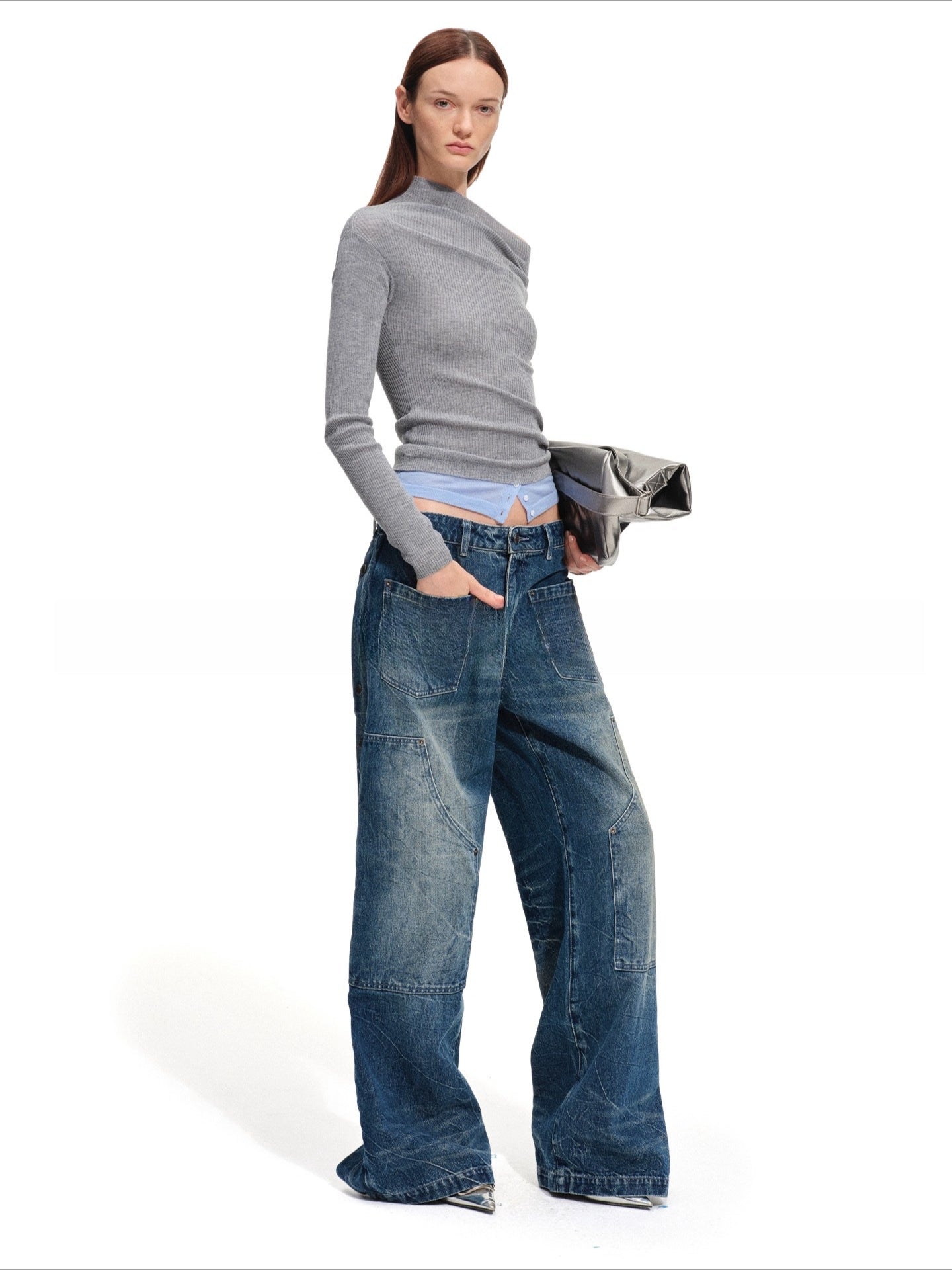 Wide-Leg Vintage Wash Denim Pants