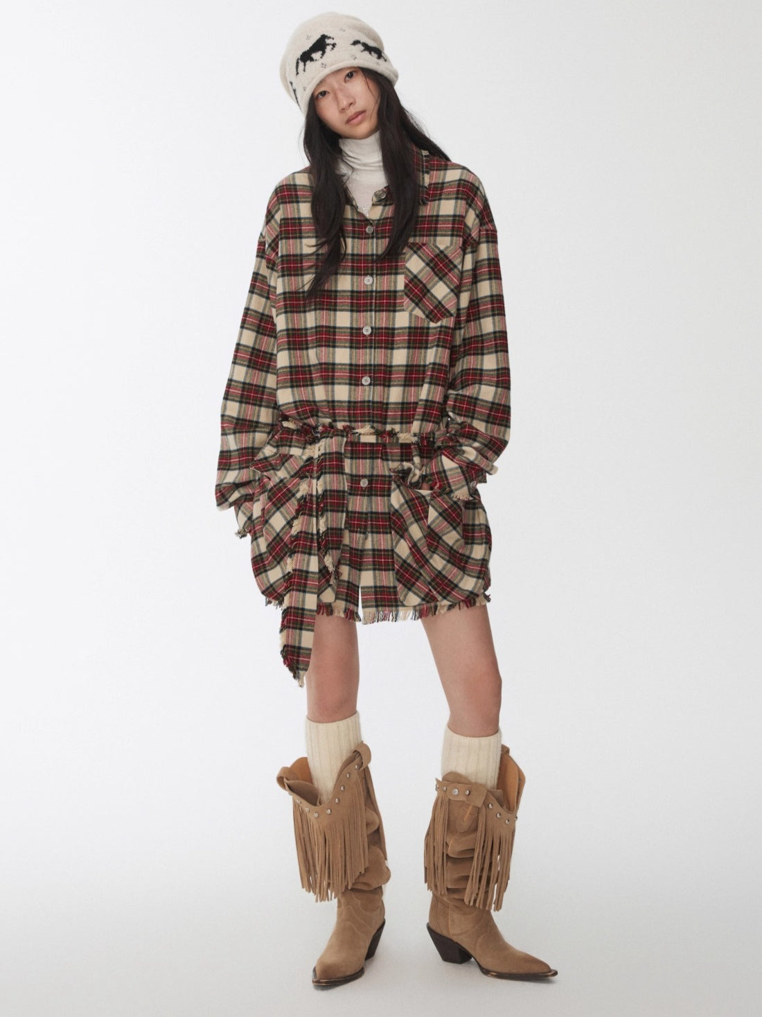 Vintage Red Plaid Frayed-Edge Utility Shirt Dress