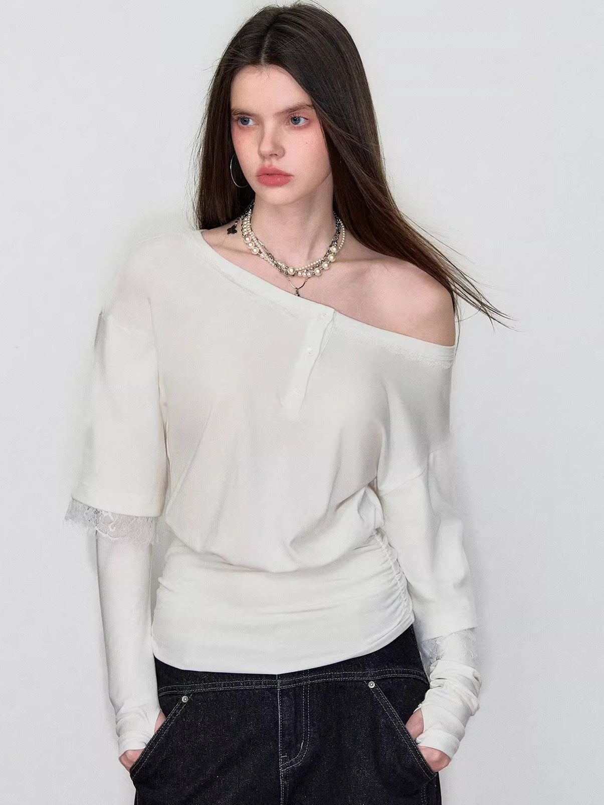 Asymmetric Lace-Panel Faux Layered T-Shirt