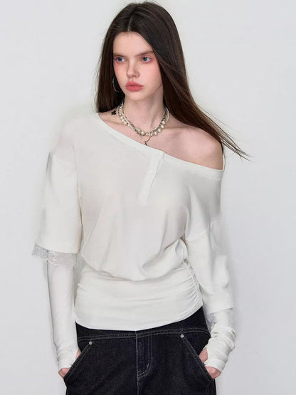 Asymmetric Lace-Panel Faux Layered T-Shirt