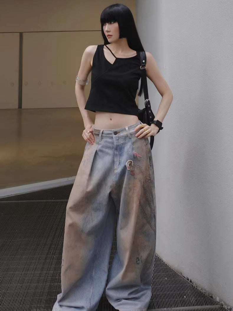 3D Ocean Print Oversized Denim Pants