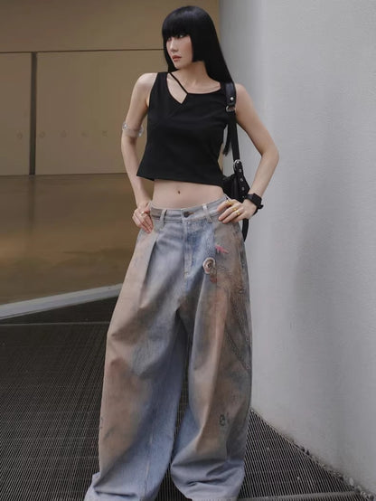 3D Ocean Print Oversized Denim Pants