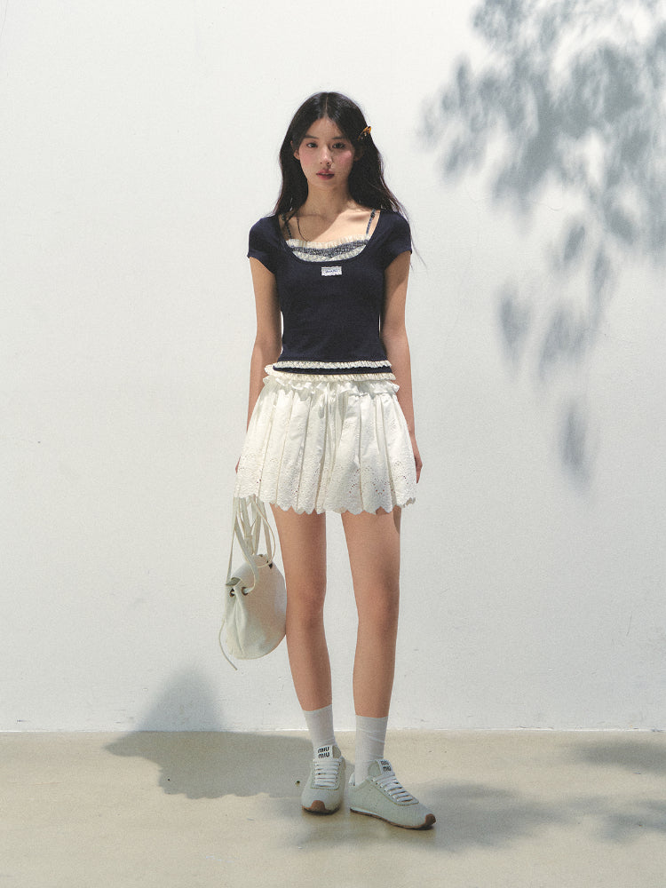 Two-piece Spliced Hem Lace Short-sleeve T-shirt - CHINASQUAD