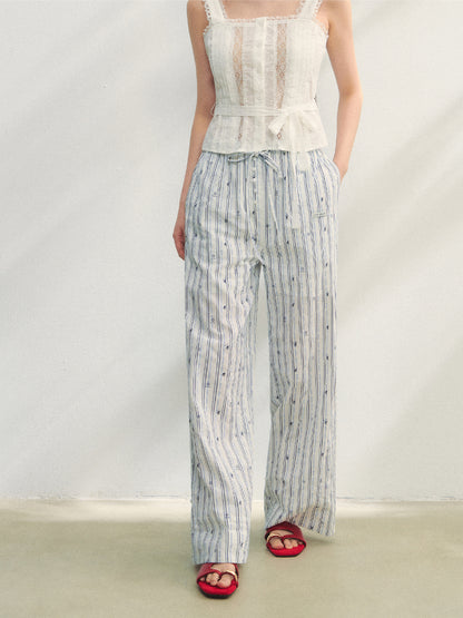 Striped Print Patchwork Embroidery Lace Straight Pants - CHINASQUAD