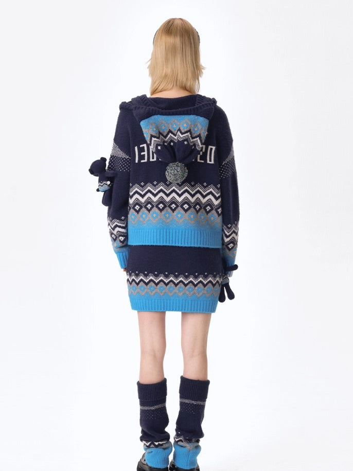 Contrast Zip-Up Hooded Knit Cardigan
