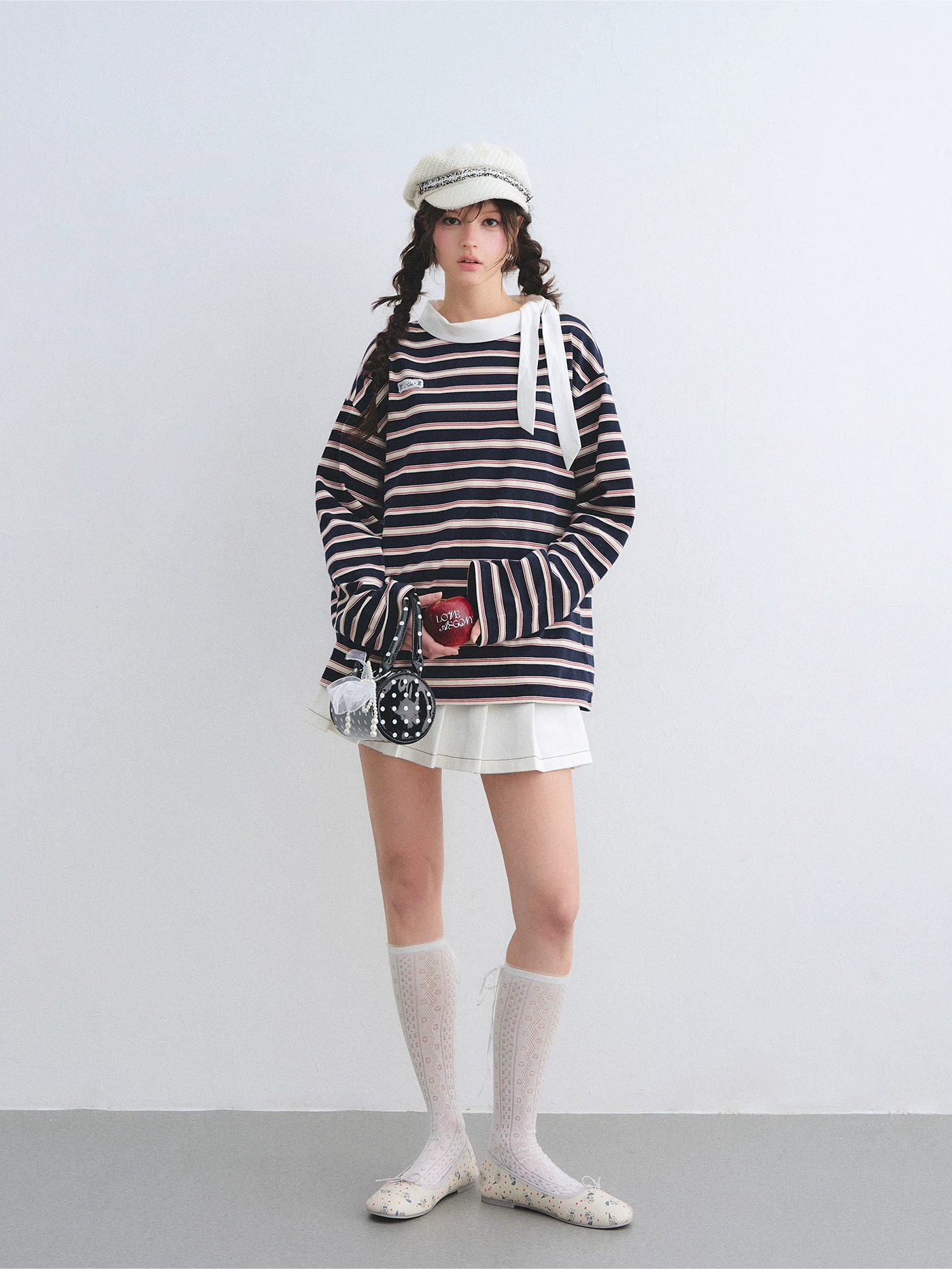 Contrast Tie Collar Striped Relaxed Long Sleeve T-Shirt