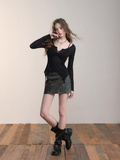 Irregular Knit Waist-Cinched Long-Sleeve Tee