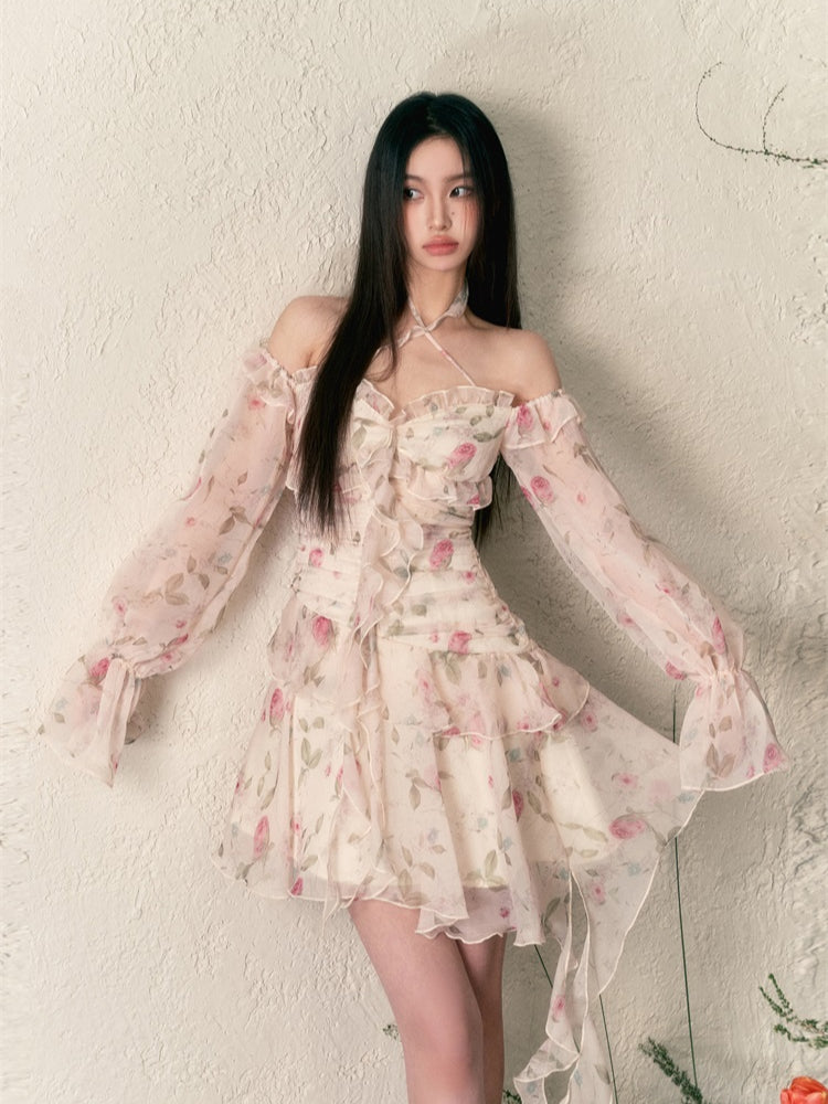 White Pink Rose Floral Dress